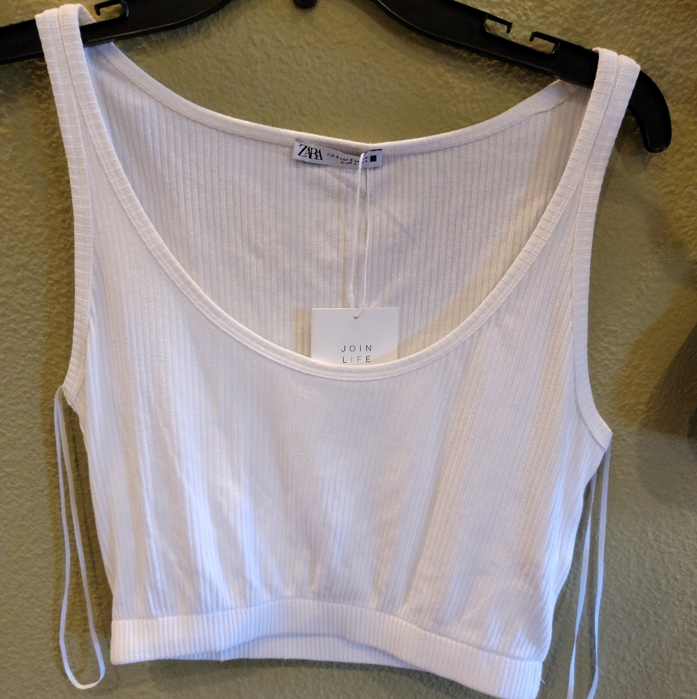 Zara White Ribbed Tank Top with Elastic Waist